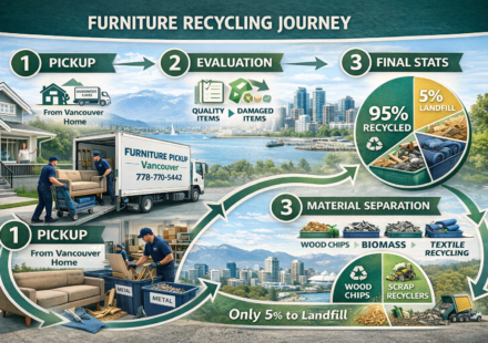 Eco-friendly furniture disposal Vancouver showing 95% landfill diversion through recycling, donation, and consignment process