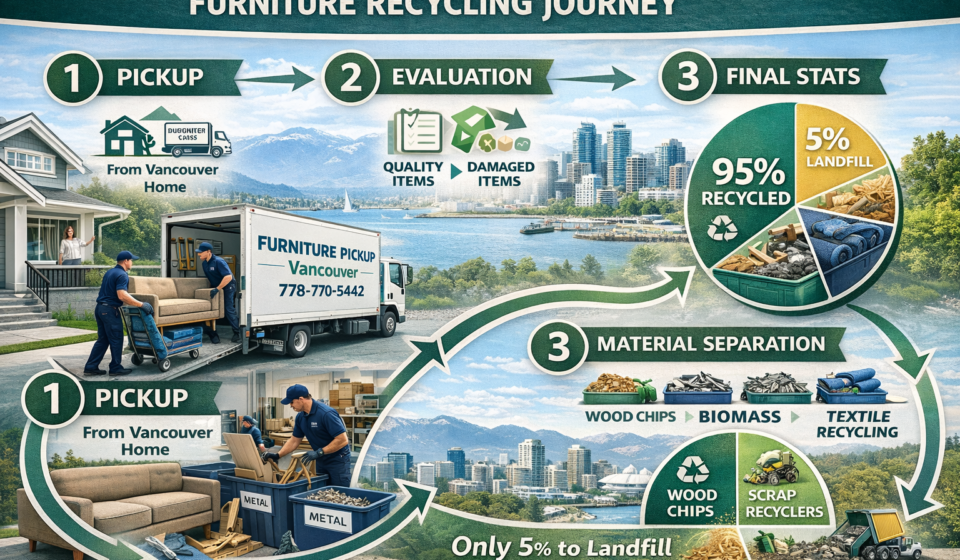 Eco-friendly furniture disposal Vancouver showing 95% landfill diversion through recycling, donation, and consignment process