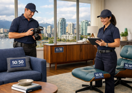 Professional furniture resale service Vancouver - Clutter to Cash 50/50 system expert team evaluating quality mid-century and modern furniture