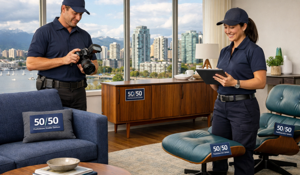 Professional furniture resale service Vancouver - Clutter to Cash 50/50 system expert team evaluating quality mid-century and modern furniture