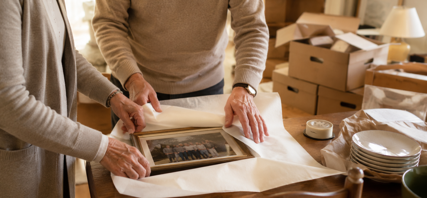 How to downsize a Vancouver home, sorting boxes and furniture in a family living room