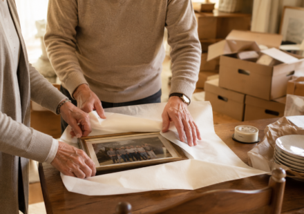 How to downsize a Vancouver home, sorting boxes and furniture in a family living room