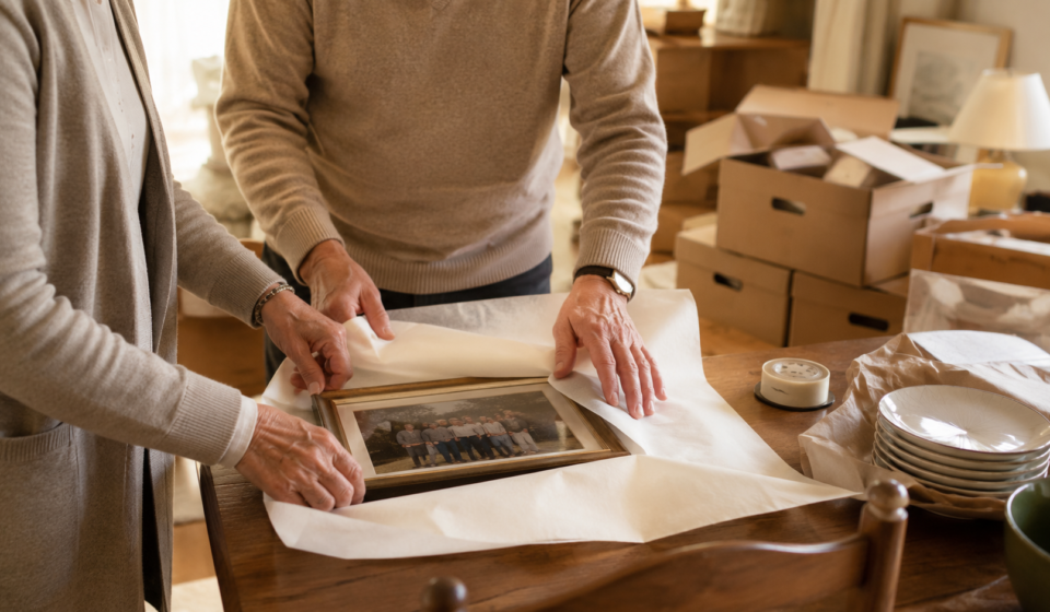 How to downsize a Vancouver home, sorting boxes and furniture in a family living room