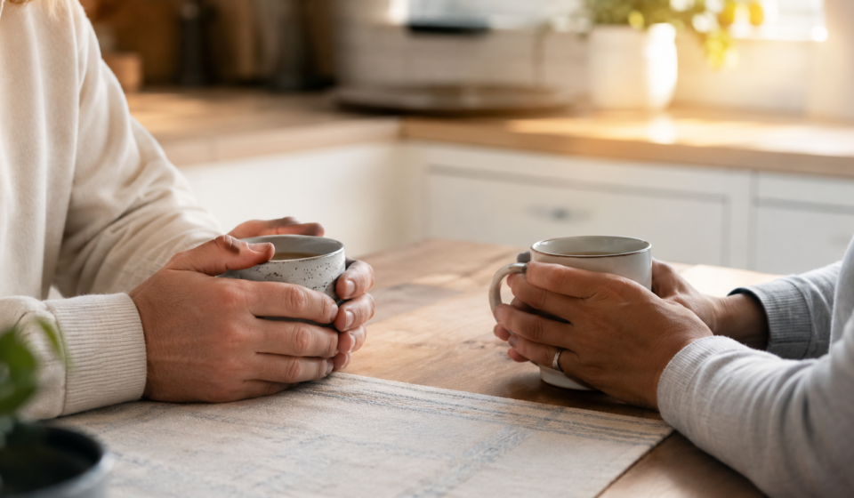 Help a family member who hoards, a caring conversation at a kitchen table