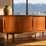 Sell vintage furniture in Vancouver, a teak mid century credenza in a bright living room