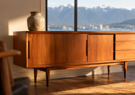 Sell vintage furniture in Vancouver, a teak mid century credenza in a bright living room