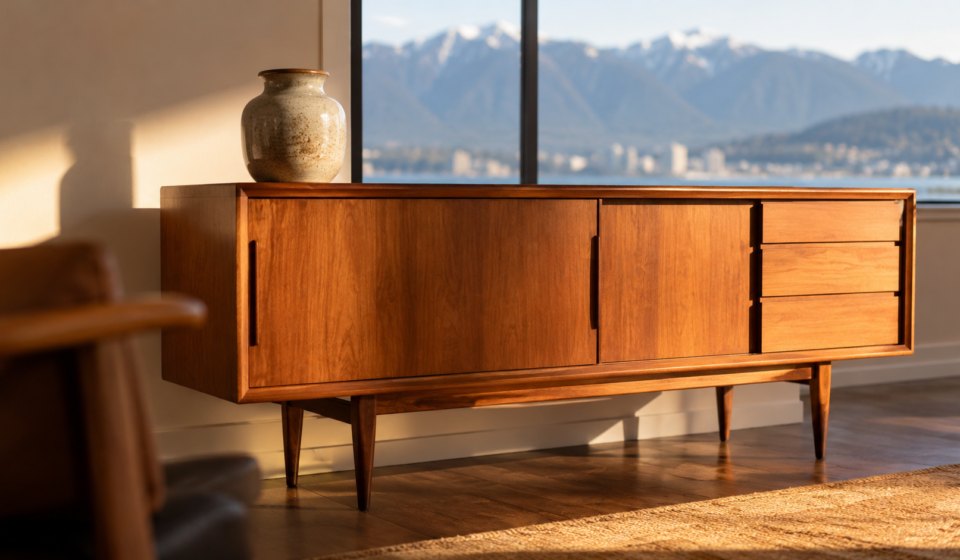 Sell vintage furniture in Vancouver, a teak mid century credenza in a bright living room
