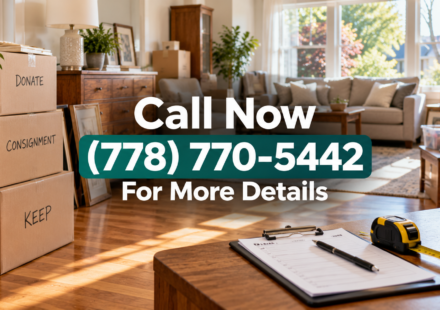 Assessment in progress during an estate cleanout in Burnaby, boxes and furniture sorted by category.